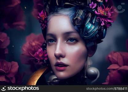 anthropomorphic robot, girl android portrait astropunk retro futurism style. Girl android portrait