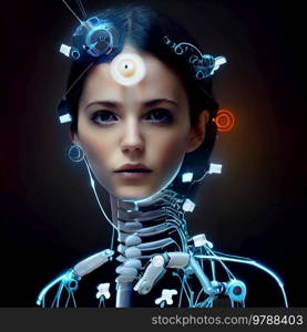 anthropomorphic robot, girl android portrait over black background, illustration. Girl android portrait