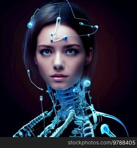 anthropomorphic robot, girl android portrait over black background, illustration. Girl android portrait