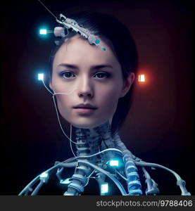 anthropomorphic robot, girl android portrait over black background, illustration. Girl android portrait