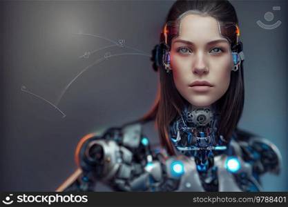 anthropomorphic robot, girl android portrait with copy space on gray background. Girl android portrait