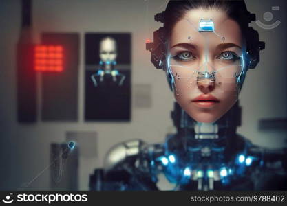 anthropomorphic robot, girl android portrait with diagnostic diagrams in background. Girl android portrait