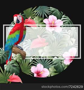 Anthurium, hibiscus and tropical leaves in circle composition. A parrot on a branch border. Vector illustration. Perfect for invitation cards, greeting cards, background, publications, etc.