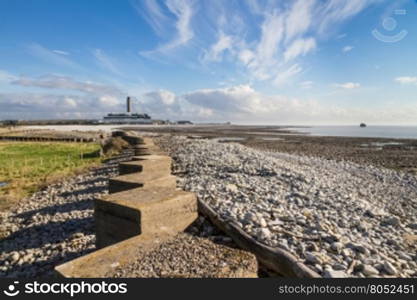 Anti Tank Cubes on beach leading to Aberthaw B Coal Fired Power Station, South Wales, UK.