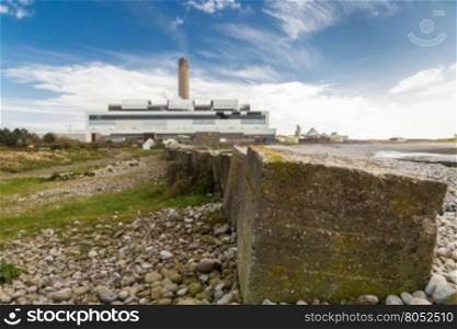 Anti Tank Cubes on beach leading to Aberthaw B Coal Fired Power Station, South Wales, UK.