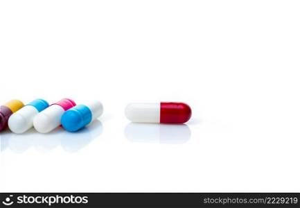 Antibiotic capsule pills on white background. Antibiotic drug resistance. Pharmacy banner. Pharmaceutical industry. Prescription drugs. Capsule pills with shadow. Pharmacology for pharmacist concept.