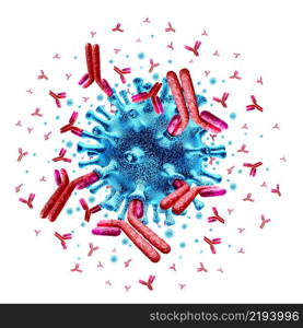 Antibody attacking virus cell and immune system or Immunoglobulin concept as antibodies attacking contagious virus cells and pathogens as a 3D illustration.