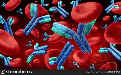 Antibody in the blood and Immunoglobulin concept as antibodies flowing inside a human body as a 3D illustration.