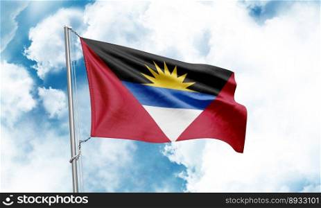 Antigua and Barbuda flag waving on sky background. 3D Rendering