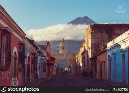 Antigua. Colonial architecture in ancient Antigua Guatemala city, Central America, Guatemala