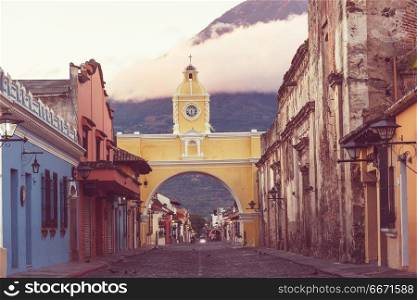 Antigua. Colonial architecture in ancient Antigua Guatemala city, Central America, Guatemala