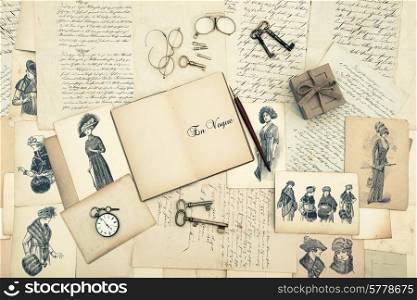 antique accessories, old letters and fashion drawings from 1911. vintage nostalgic background