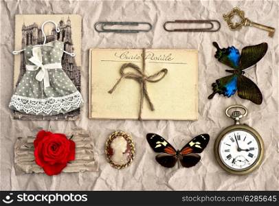 antique accessories. old postcards and vintage things. nostalgic scrapbook background