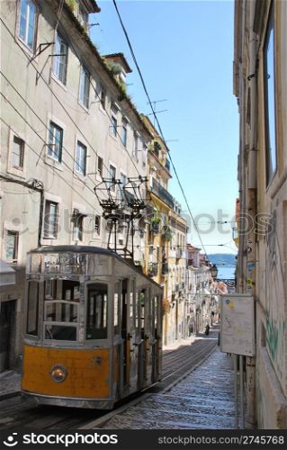antique and typical Bica elevator tram in the capital of Portugal, Lisbon