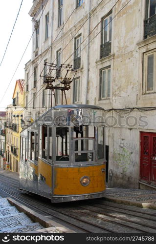 antique and typical Bica elevator tram in the capital of Portugal, Lisbon