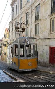 antique and typical Bica elevator tram in the capital of Portugal, Lisbon