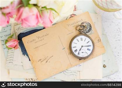 antique clock and mail with copy space. antique mail and clock