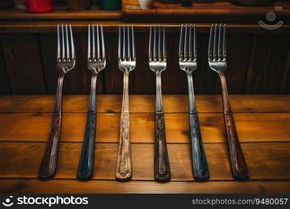 Antique fork on a wooden table. Generative AI