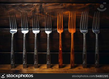 Antique fork on a wooden table. Generative AI