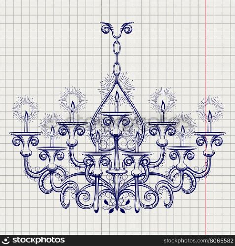 Antique gothic chandeliar sketch. Antique gothic chandeliar sketch on notebook background vector illustration