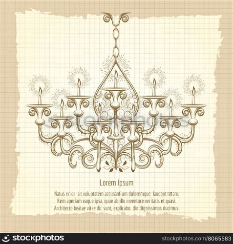 Antique gothic chandeliar sketch. Antique gothic chandeliar sketch on vintage background. Retro poster vector illustration