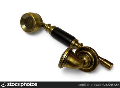 Antique handset of bronze and leather isolated on white