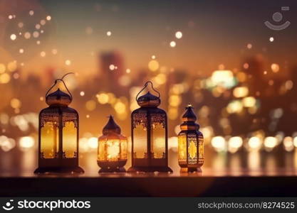 antique lantern adds to the rustic decor of a table set for the Muslim feast of Eid al-Fitr, with bokeh city lights and a dusky sky in the background Ai Generative