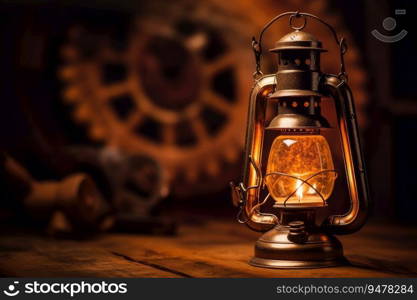Antique lantern glowing with natural flame light. Ge≠rative AI