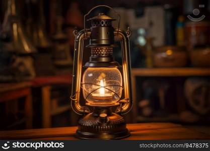 Antique lantern glowing with natural flame light. Generative AI