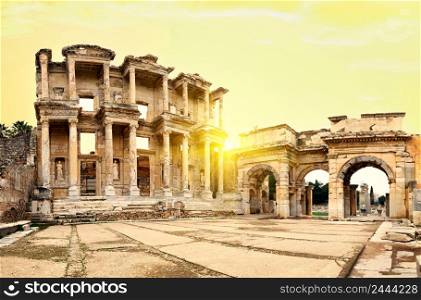 Antique library of Celsus in Ephesus under a yellow sky. Turkey. cultural heritage of UNESCO. Antique library of Celsus in Ephesus under yellow sky