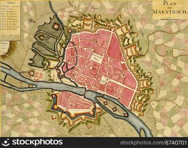 Antique map of Maestrich (Maastricht), Atlas of fortifications and battles, by Anna Beek and Gaspar Baillieu Originally published in 17th century.