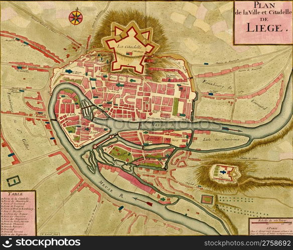 Antique map of town and citadel of Liege, Atlas of fortifications and battles, by Anna Beek and Gaspar Baillieu Originally published in 17th century.