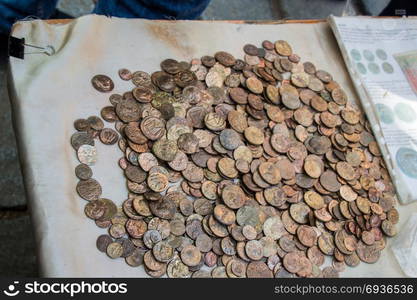 Antique metal coins collectiion as a background