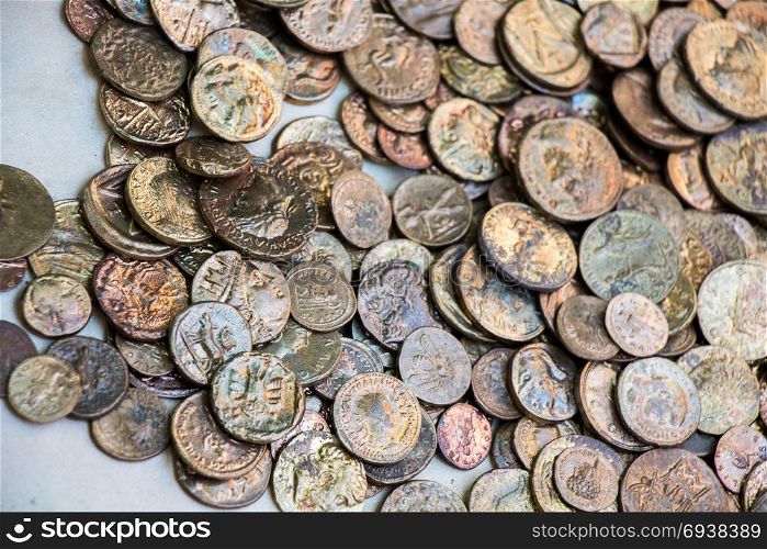 Antique metal coins collectiion as a background