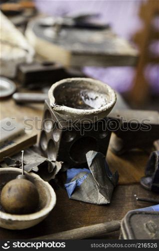 Antique metal tools, traditional craft detail with metal. Old metal tools