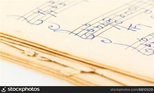 Antique music sheet, paper background, selective focus