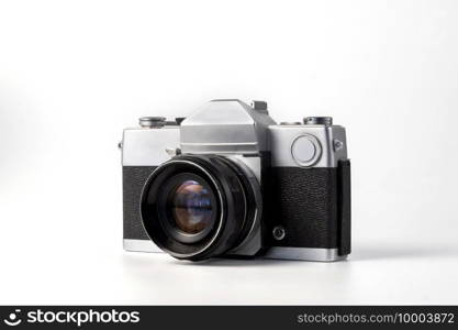 Antique old fashion film camera front view isolated on white background including clipping path