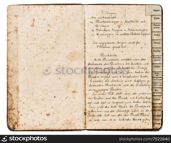 Antique recipe book with handwritten text, meat soup in german