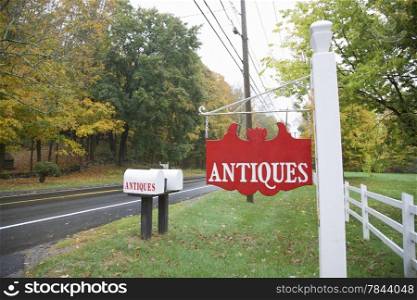 Antique sign in New England Fall in the countryside, USA