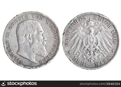 Antique Silver Germany coin (1910) isolated over white background