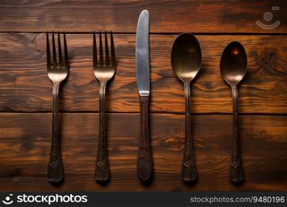 Antique spoon and fork, knife on a wooden table. Generative AI