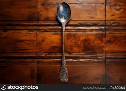 Antique spoon on a wooden table. Generative AI