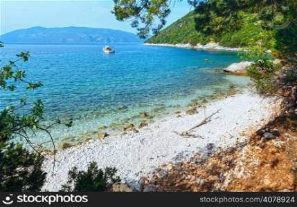 Antisamos beach. Summer sea view with boat (Greece, Kefalonia).