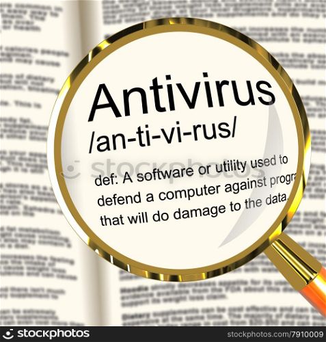 Antivirus Definition Magnifier Showing Computer System Security. Antivirus Definition Magnifier Shows Computer System Security