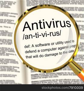 Antivirus Definition Magnifier Showing Computer System Security. Antivirus Definition Magnifier Shows Computer System Security