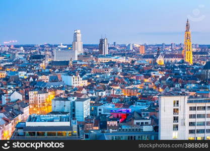 Antwerp cityscape with cathedral of Our Lady, Antwerpen Belgium at dusk