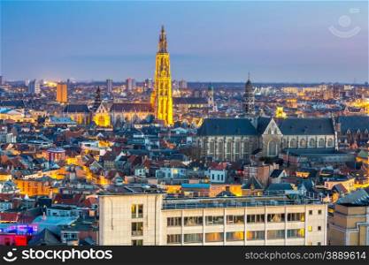 Antwerp cityscape with cathedral of Our Lady, Antwerpen Belgium at dusk
