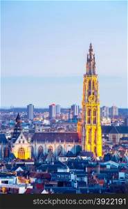 Antwerp cityscape with cathedral of Our Lady, Antwerpen Belgium at dusk