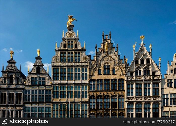 Antwerp row of 16th century old houses Monumental Guildhouses facades on Grote Markt square. Antwerp, Belgium, Flanders. Antwerp Grote Markt old houses, Belgium