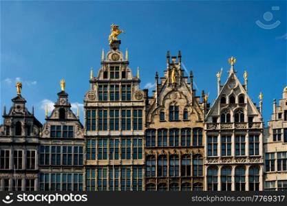 Antwerp row of 16th century old houses Monumental Guildhouses facades on Grote Markt square. Antwerp, Belgium, Flanders. Antwerp Grote Markt old houses, Belgium